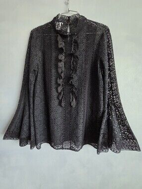 OSCAR DE LA RENTA BLACK LACE SILK RUFFLE, TRUMPET LONGSLEEVE BLOUSE SIZE, US 8